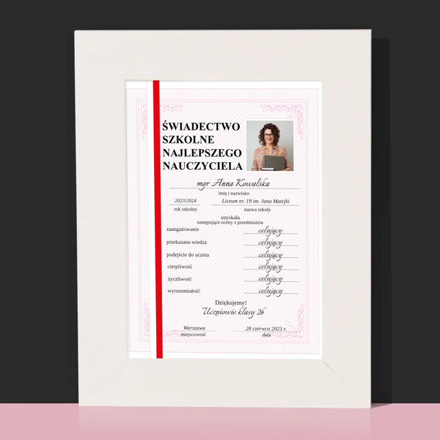 Zdjęcie i Podpis: Świadectwo Najlepszego Nauczyciela - Ramka Na Zdjęcie