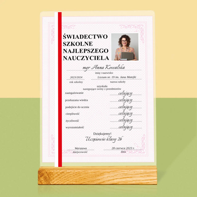 Zdjęcie I Podpis: Świadectwo Najlepszego Nauczyciela - Wydruk Na Szkle Akrylowym