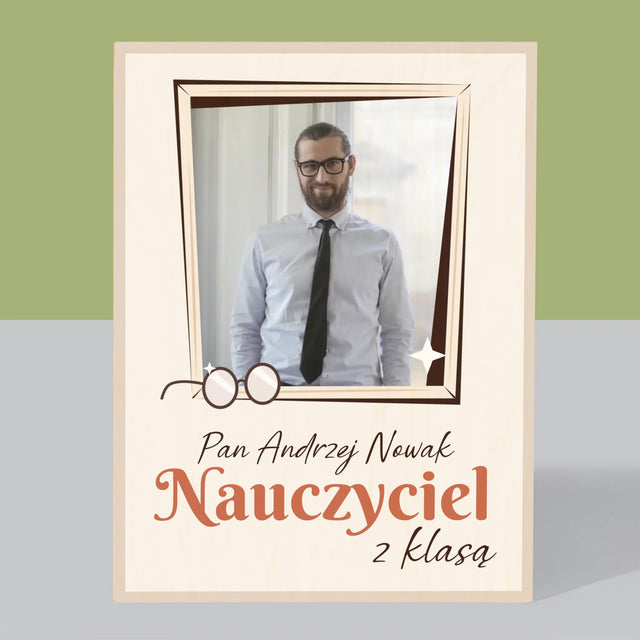 Zdjęcie i Podpis: Nauczyciel z Klasą - Wydruk Na Drewnie