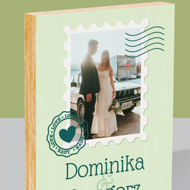 Zdjęcie i Podpis: Ślubna Pocztówka - Wydruk Na Drewnie