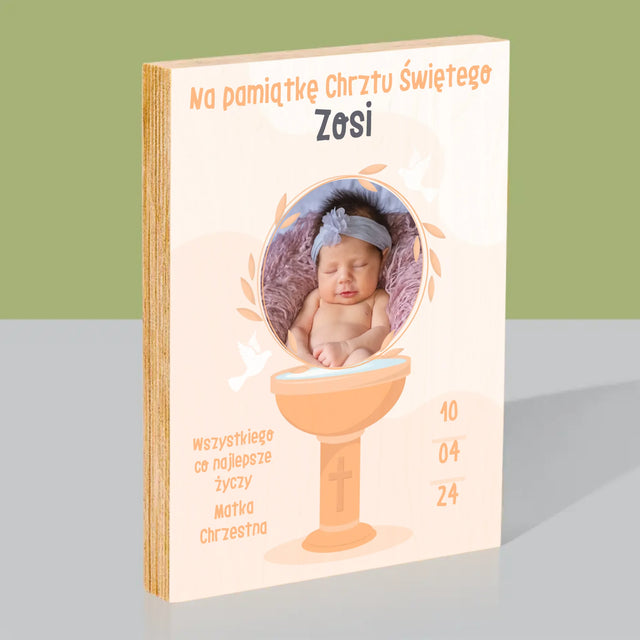 Zdjęcie i Podpis: Na Pamiątkę Chrztu Świętego - Wydruk Na Drewnie