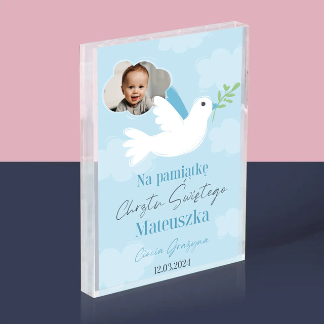 Zdjęcie i Podpis: Pamiątka Chrztu Gołąbek - Blok Akrylowy z Nadrukiem