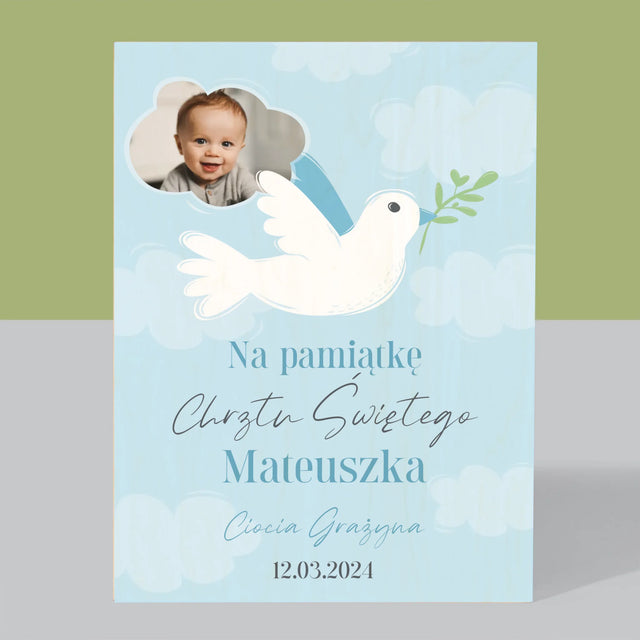 Zdjęcie i Podpis: Pamiątka Chrztu Gołąbek - Wydruk Na Drewnie