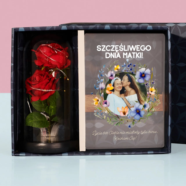 Zdjęcie i Podpis: Szczęśliwego Dnia Matki - Zestaw Prezentowy z Wydrukiem Na Szkle i Wieczną Różą