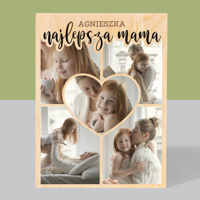 Fotokolaż: Najlepsza Mama Serce - Wydruk na Drewnie