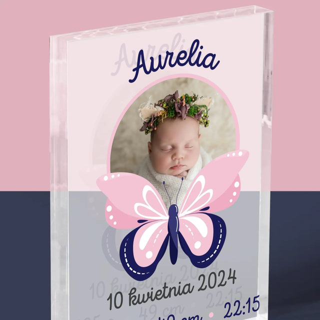 Metryczka Dziecka: Motylek - Blok Akrylowy z Nadrukiem