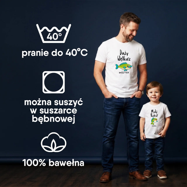 Imię I Podpis: Mały I Duży Wędkarz - Zestaw Koszulka Męska I Koszulka Dziecięca