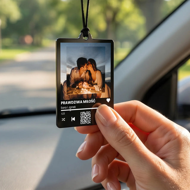 Zdjęcie i Podpis: Spotify z Twoimi Zdjęciami i Kodem Qr - Zawieszka Do Samochodu