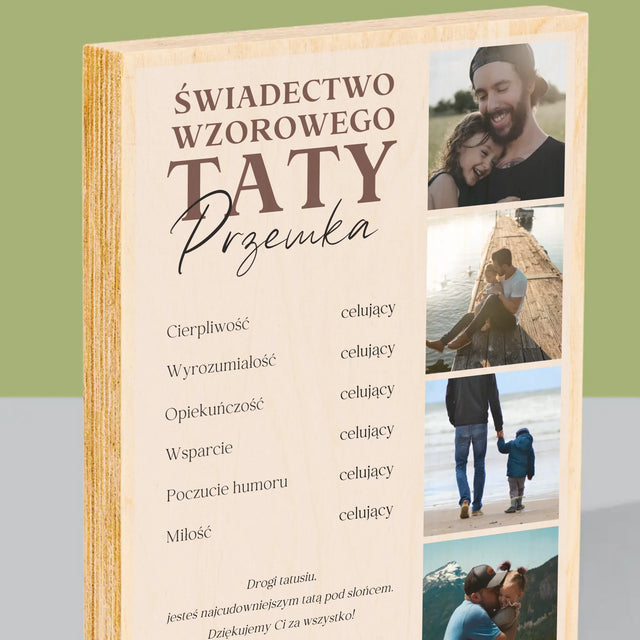 Fotokolaż: Świadectwo Wzorowego Taty - Wydruk Na Drewnie