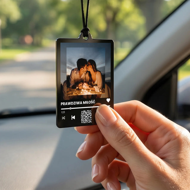 Zdjęcie i Podpis: Spotify z Twoimi Zdjęciami i Kodem Qr - Zawieszka Do Samochodu