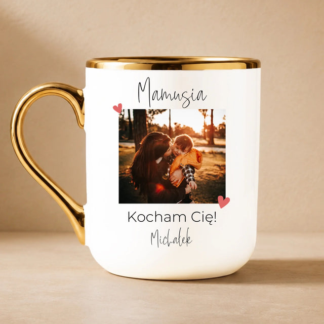 Fotokolaż: Mamusiu Kocham Cię - Kubek Ceramiczny ze Złotym Rantem