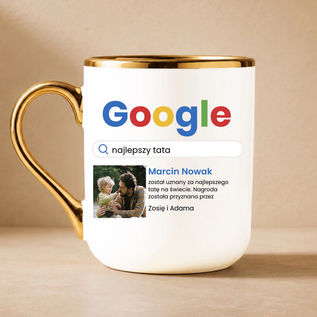 Zdjęcie i Podpis: Najlepszy Tata Wynik Google - Kubek Ceramiczny ze Złotym Rantem