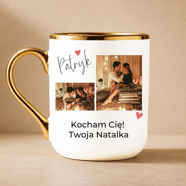 Fotokolaż: Kochanie Kocham Cię - Kubek Ceramiczny ze Złotym Rantem