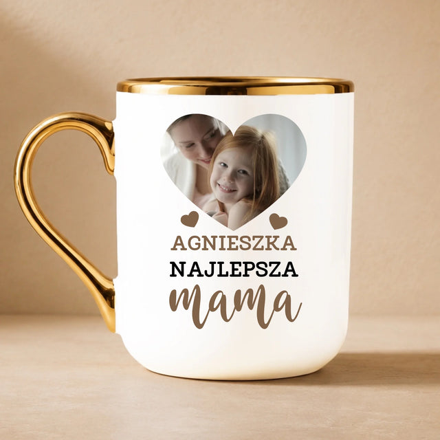 Fotokolaż: Najlepsza Mama Serce - Kubek Ceramiczny ze Złotym Rantem