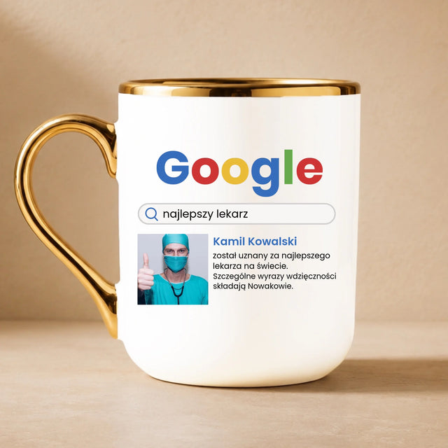 Zdjęcie i Podpis: Najlepszy Lekarz Wynik Google - Kubek Ceramiczny ze Złotym Rantem