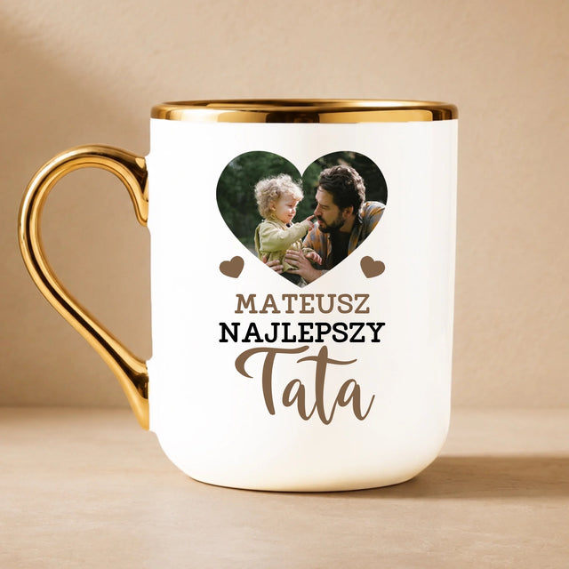 Fotokolaż: Najlepszy Tata Zdjęcie W Sercu - Kubek Ceramiczny ze Złotym Rantem