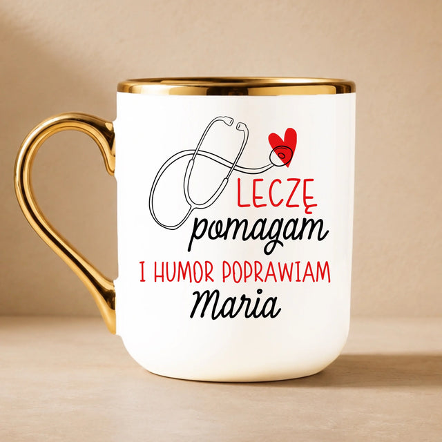 Imię i Podpis: Leczę Pomagam - Kubek Ceramiczny ze Złotym Rantem