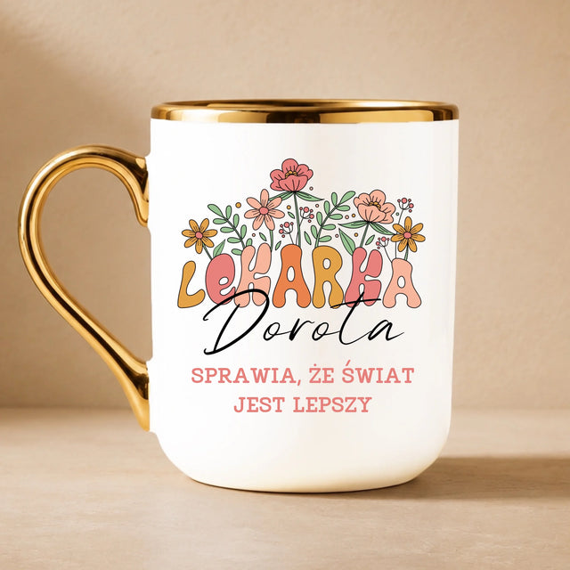 Imię i Podpis: Lekarka - Kubek Ceramiczny ze Złotym Rantem