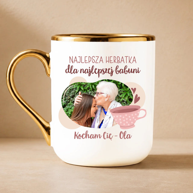 Zdjęcie i Podpis: Herbatka Najlepszej Babuni - Kubek Ceramiczny ze Złotym Rantem