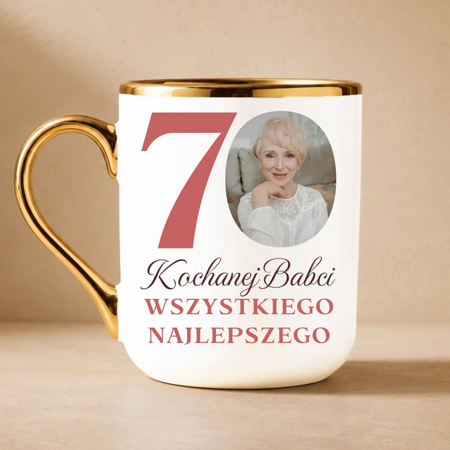 Zdjęcie i Podpis: Kochanej Babci Wszystkiego Najlepszego - Kubek Ceramiczny ze Złotym Rantem